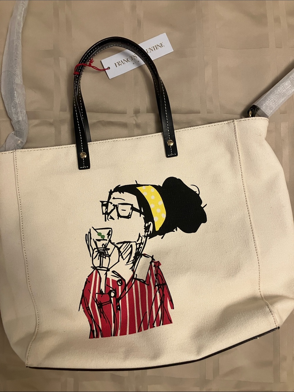 Frances Valentine Cream Canvas Tote with Illustrated Woman and Black Handles